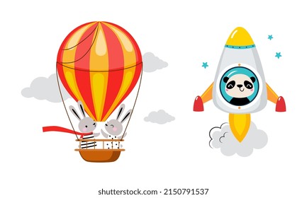 Cute Panda and Hare Animal Flying on Board of Rocket Launching in Cosmos and Hot Air Balloon Vector Set