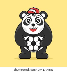 Cute panda with hat play football cartoon vector illustration icon design.