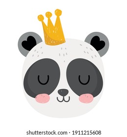 cute panda head animal with crown cartoon character vector illustration