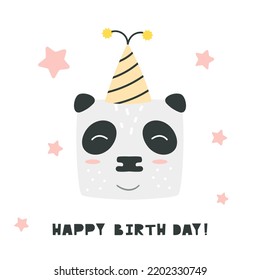 Cute panda head. Hand drawn vector character. Happy Birthday handwritten lettering. Scandinavian cartoon style. For web, posters, invitations, postcards, greeting cards, flyers, etc.