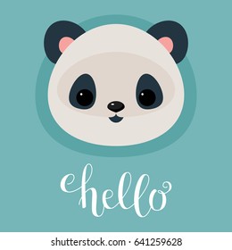 Cute panda head. Hand writing "Hello". Vector illustration