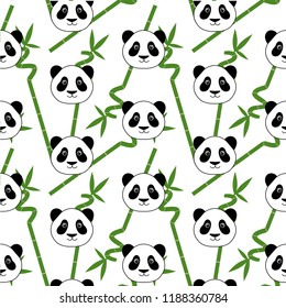 cute panda head on green bamboo branch with leaves background asia tropical zen seamless pattern vector.