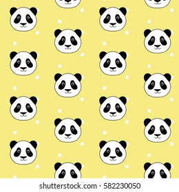 cute panda head on white dots yellow background seamless pattern vector