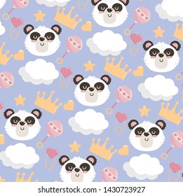 cute panda head with rattle and crown background