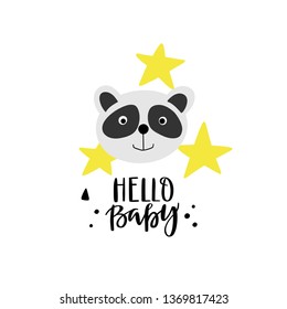 Cute panda head with stars and lettering - hello baby, isolated on white. Animal clipart. Postcard, kid book clipart or print in vector.
