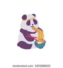 Lindo panda con diadema comiendo fideos con palillos vector ilustración de dibujos animados. Divertido oso asiático con lana esponjosa en blanco y negro. Animal salvaje de China icono aislado en blanco