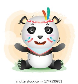 a cute panda in a headdress with feathers. Cartoon apache panda. Vector illustration