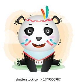 a cute panda in a headdress with feathers. Cartoon apache panda. Vector illustration