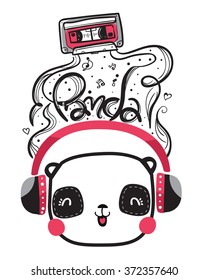 lindo panda con auriculares escuchando música un vector de cassette.