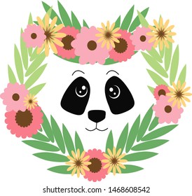 Cute panda heads  with flowers frame. Vector illustrations for nursery design, poster, birthday greeting cards