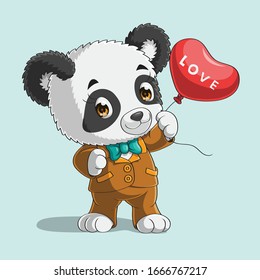 Cute Panda With Heart Baloon, Hand Drawn