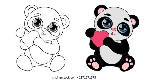 Cute panda with heart coloring page, Panda vector illustration, Panda color and black and white, panda clipart, Coloring book for children