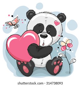 Cute Panda with heart, flowers and butterflies
