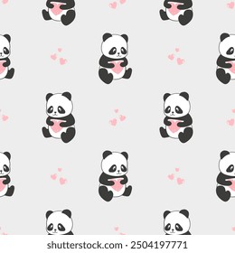 Cute panda with heart seamless pattern for kids. Baby print