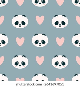 Cute Panda and Heart Seamless Pattern Vector Illustration. Ideal for children's designs, textiles, wallpapers, and creative projects.
