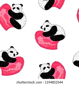 cute panda and hearts, seamless vector pattern