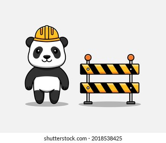 Cute panda with helmet and roadblock