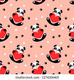 Cute panda hold a big heart seamless pattern.