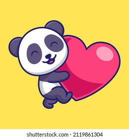 Cute Panda Hold the Big Heart Cartoon Vector Icon Illustration. Animal Character Mascot Flat Concept.
