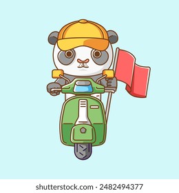 a Cute panda hold flag riding scooter animal kawaii chibi character mascot illustration