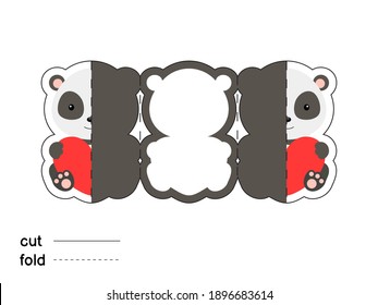 Cute panda hold heart. Fold long greeting card template. Great for St. Valentine day, birthdays, baby showers. Printable color scheme. Print, cut out, fold. Colorful vector stock illustration.
