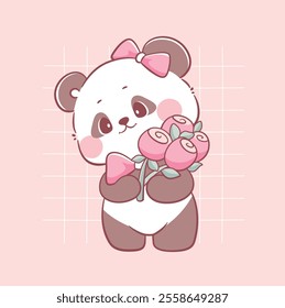 Cute panda hold pink rose bouquet valentine's day kawaii animal illustration.

