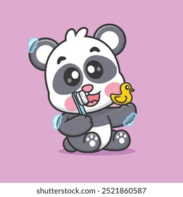 Cute Panda Hold Toothbrush Bathing With Duck Toy Cartoon Vector Icon Illustration. Animal Healthy Icon Concept Isolated Premium Vector. Flat Cartoon Style