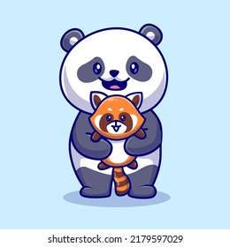 Cute Panda Holding Baby Red Panda Cartoon Vector Icon Illustration. Animal Nature Icon Concept Isolated Premium Vector. Flat Cartoon Style