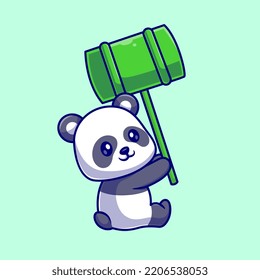 Cute Panda Holding Bamboo Balloon Cartoon Vector Icon Illustration. Animal Nature Icon Concept Isolated Premium Vector. Flat Cartoon Style