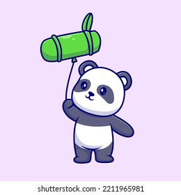 Cute Panda Holding Bamboo Balloon Cartoon Vector Ilustración Icono. Vector Premium Aislado De Icono De Festividad Animal. Estilo de dibujo plano