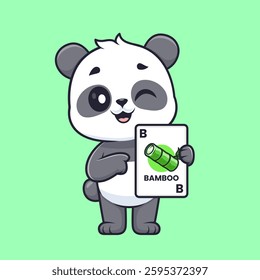 Cute Panda Holding Bamboo Card Game Cartoon Vector Icon Illustration. Animal Holiday Icon Concept Isolated Premium Vector. Flat Cartoon Style