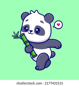 Cute Panda Holding Bamboo Cartoon Vector Icon Illustration. Animal Nature Icon Concept Isolated Premium Vector. Flat Cartoon Style