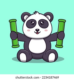 Cute panda holding bamboo cartoon vector icon illustration. Animal icon concept isolated vector. Flat cartoon style