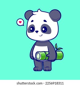 Cute Panda Holding Bamboo Cartoon Vector Icon Illustration. Animal Nature Icon Concept Isolated Premium Vector. Flat Cartoon Style