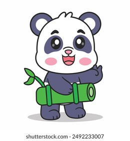 Cute Panda Holding Bamboo Cartoon Vector Icon Illustration. Animal Food Icon Concept Isolated Premium Vector. Flat Cartoon Style