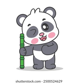 Cute Panda Holding Bamboo Cartoon Vector Icon Illustration. Animal Nature Premium Vector. Cartoon Style