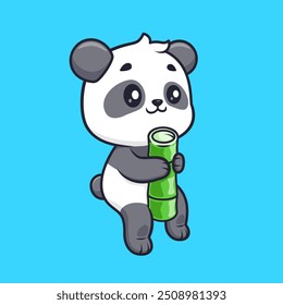 Panda lindo que sostiene la ilustración del icono del Vector de la historieta de bambú. Icono de Naturaleza Animal Concepto Aislado Premium Vector. Estilo plano de la historieta