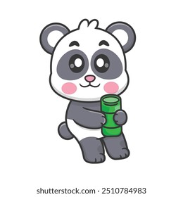 Cute Panda Holding Bamboo Cartoon Vector Icon Illustration. Animal Nature Icon Isolated Premium Vector. Flat Cartoon Style