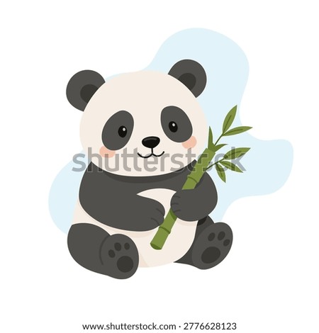cute panda holding bamboo, cartoon character for kids branding, panda illustration with soft pastel colors and friendly playful mood vector art design