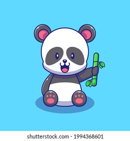 Cute Panda Holding Bamboo Illustration. Animals Icon Concept. Flat Cartoon Vector Illustration Isolated.