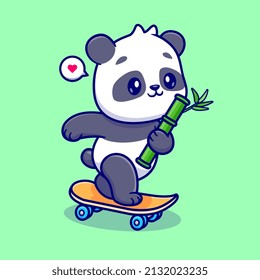 Cute Panda Holding Bamboo On Skateboard Cartoon Vector Icon Illustration. Animal Sport Icon Concept Isolated Premium Vector. Flat Cartoon Style