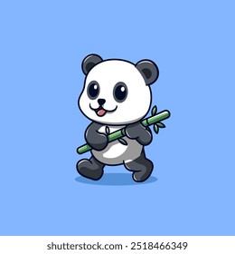 Lindo panda sosteniendo bambú mientras camina de dibujos animados