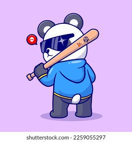 Cute Panda Holding Baseball Bat Cartoon Vector Icon Illustration. Animal Sport Icon Concept Isolated Premium Vector. Flat Cartoon Style