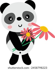 Lindo panda sosteniendo unas hermosas flores
