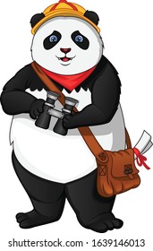 Cute panda holding binocular on a white background