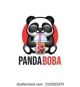 Cute Panda Holding Boba Logo Vector Illustration