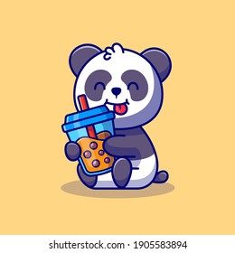 Cute Panda Holding Boba Leche Té Icono Vector Icono Ilustración Icono De Comida Animal Concepto Vector Premium Aislado. Estilo de dibujo plano