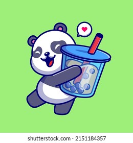 Cute Panda Holding Boba Leche Té Bebida Ilustración Icono Vector de dibujos animados. Vector Premium Aislado Con El Concepto De Icono De Bebida Animal. Estilo de dibujo plano