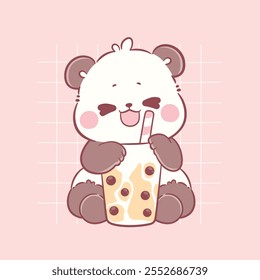 Cute Panda holding boba milkshake kawaii character animal