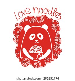 Cute panda holding a bowl of noodles. Vector illustration in the Chinese style.